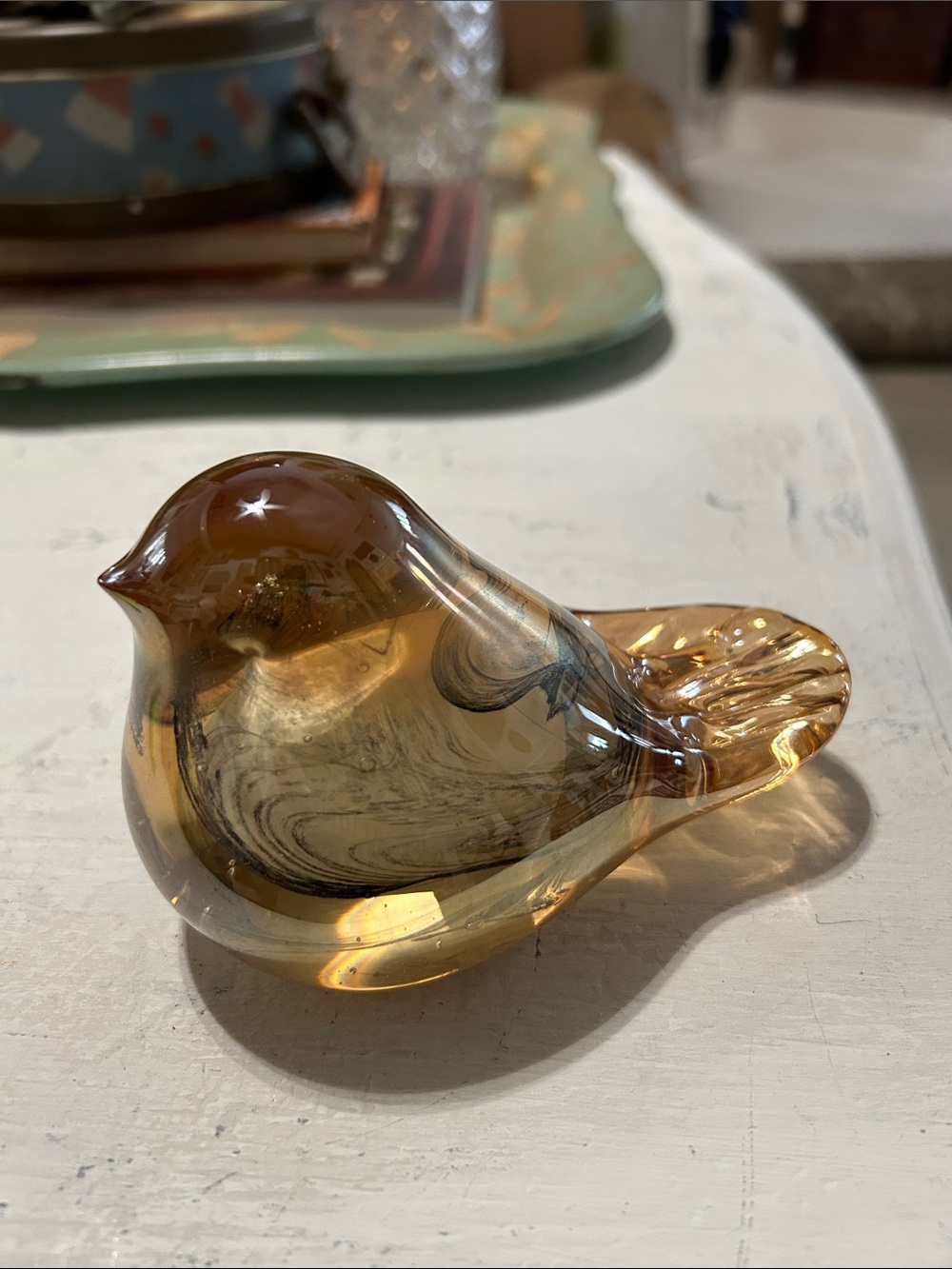 Amber Glass Bird Paperweight